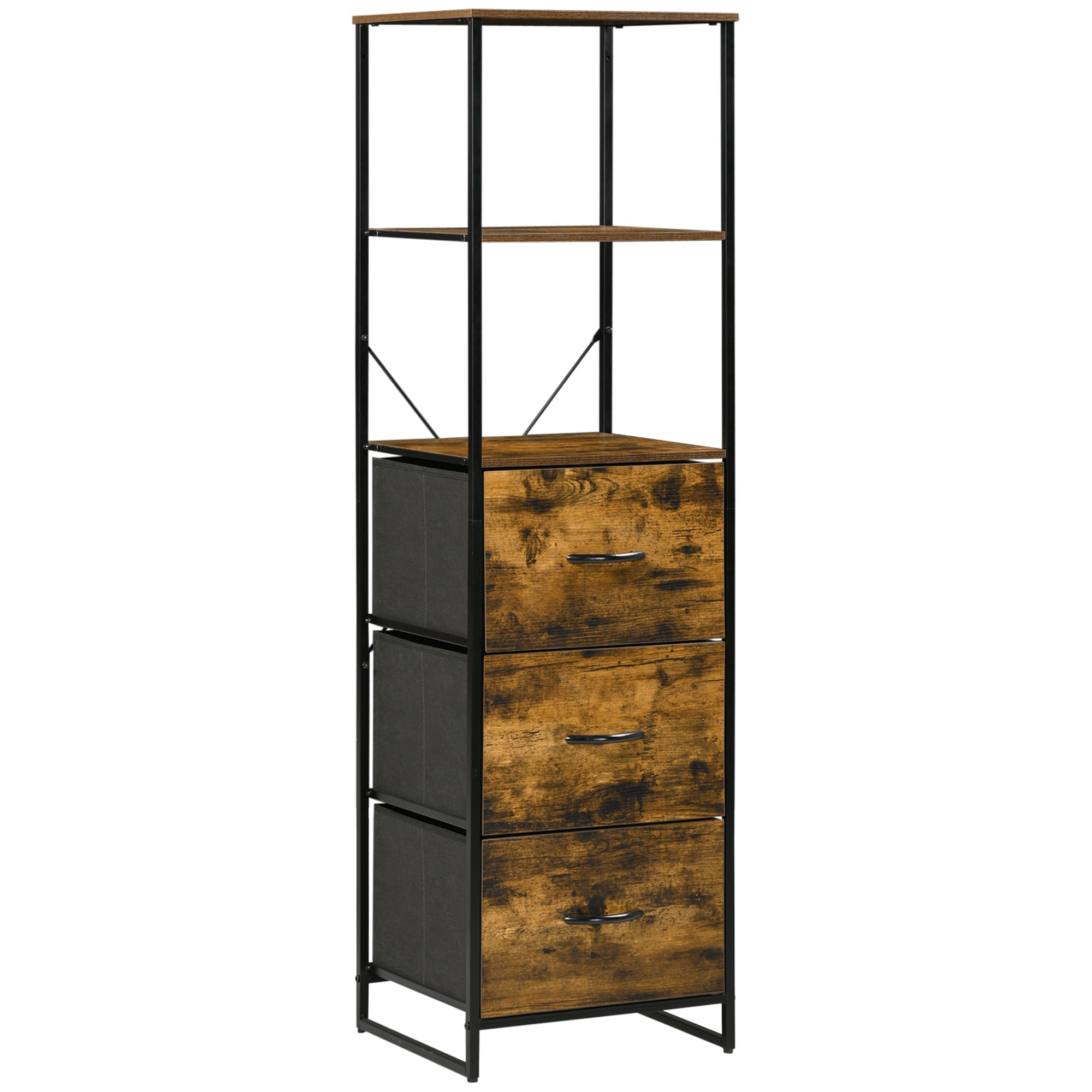 Industrial Storage Cabinet with 2 Open Shelves and 3 Foldable Fabric Drawers, Multifunctional Bookshelf In Living Room, Study, Rustic Brown Storage Cabinets Rustic Brown  at Gallery Canada