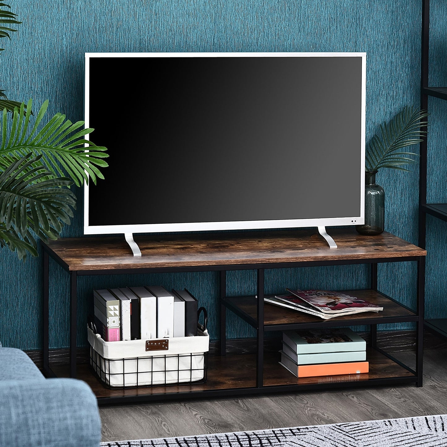 Industrial TV stand for TVs up to 55", TV Cabinet with Storage Shelves Metal Frame, Media Console for Living Room, Rustic Brown TV Stands   at Gallery Canada