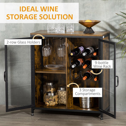 Industrial Wine Rack for 9 Bottles, Retro Liquor Cabinet with Glass Holders, Mesh Doors, Storage Shelf for Home Bar, Dining Room, Rustic Brown Wine Racks   at Gallery Canada