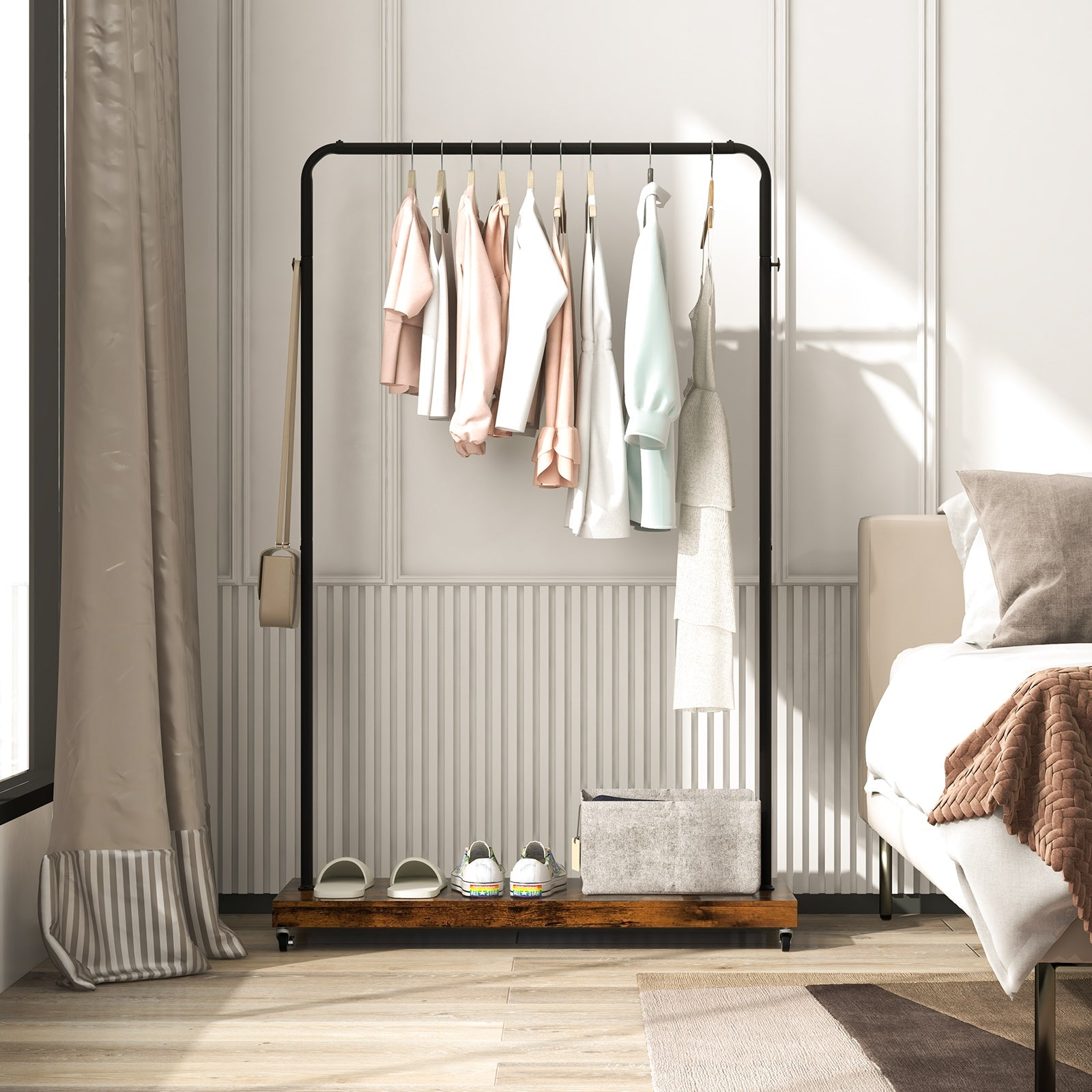 Rolling Garment Rack with Hanging Hooks and Bottom Storage Shelf, Rustic Brown Clothing & Closet Storage   at Gallery Canada