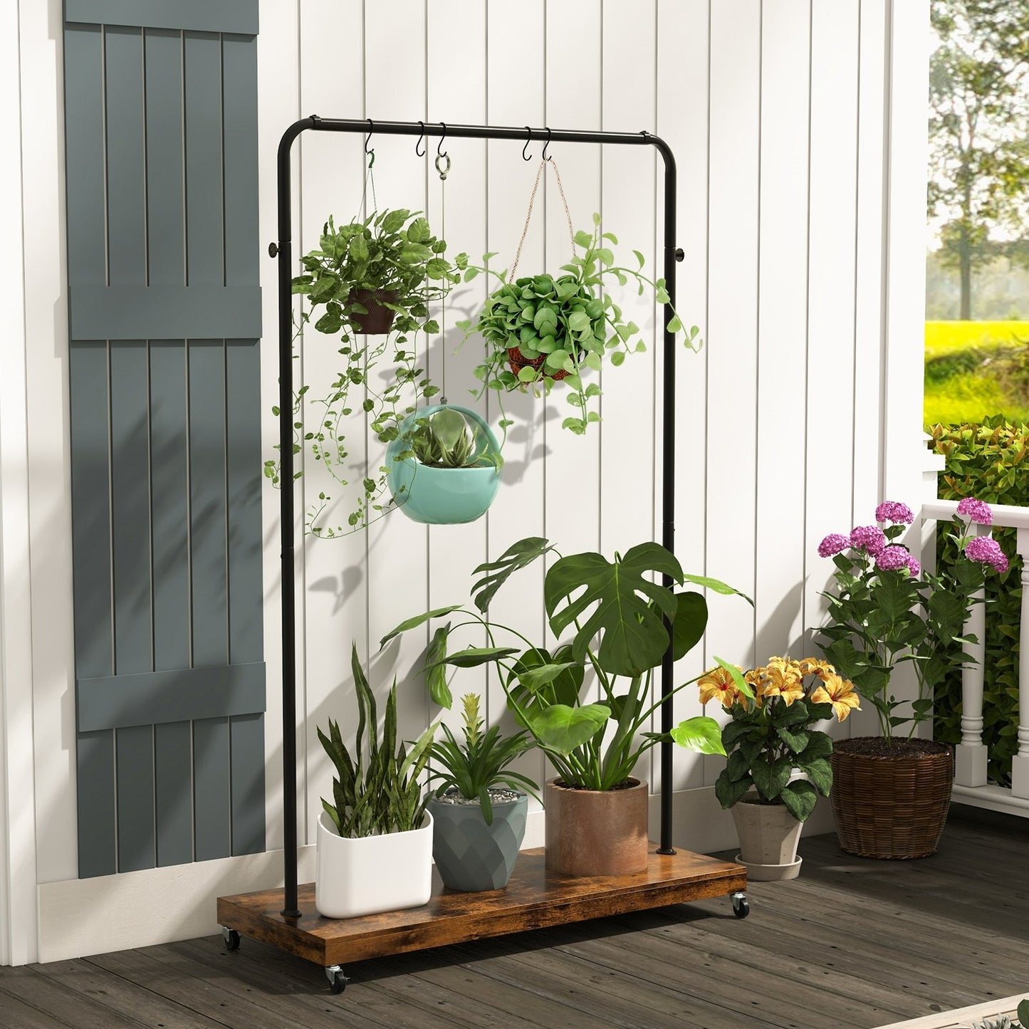 Rolling Garment Rack with Hanging Hooks and Bottom Storage Shelf, Rustic Brown Clothing & Closet Storage   at Gallery Canada