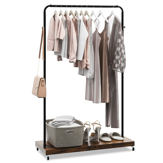 Rolling Garment Rack with Hanging Hooks and Bottom Storage Shelf, Rustic Brown Clothing & Closet Storage Rustic Brown  at Gallery Canada