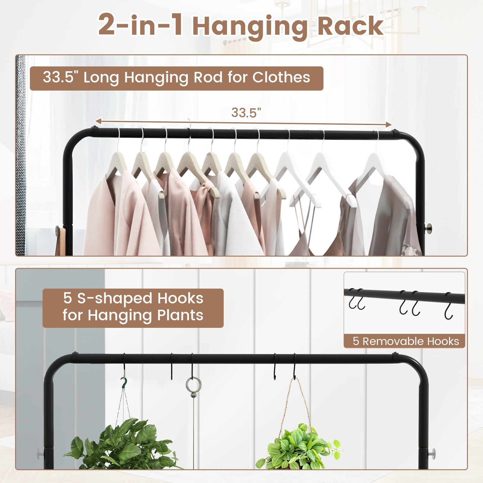 Rolling Garment Rack with Hanging Hooks and Bottom Storage Shelf, Rustic Brown Clothing & Closet Storage   at Gallery Canada
