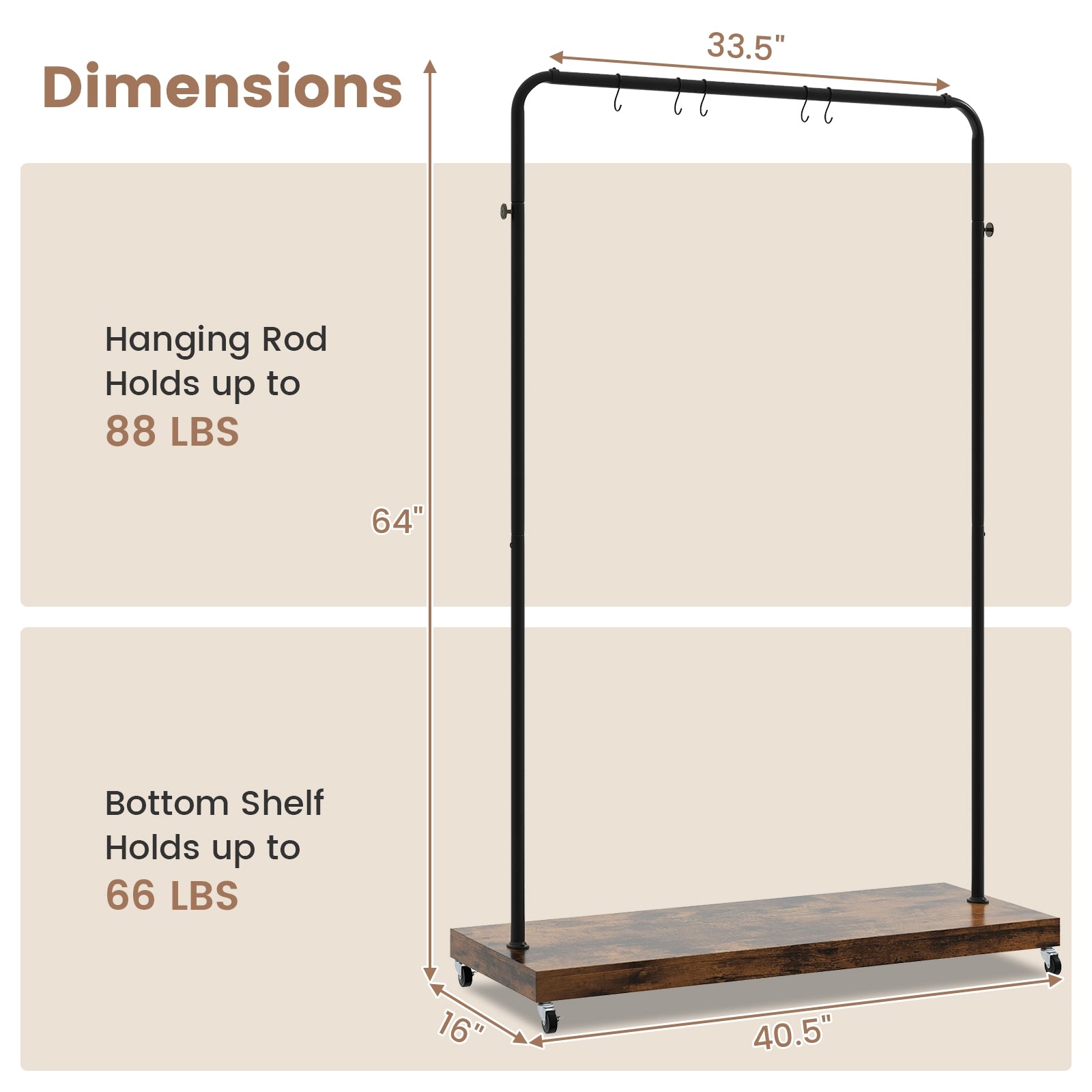 Rolling Garment Rack with Hanging Hooks and Bottom Storage Shelf, Rustic Brown Clothing & Closet Storage   at Gallery Canada