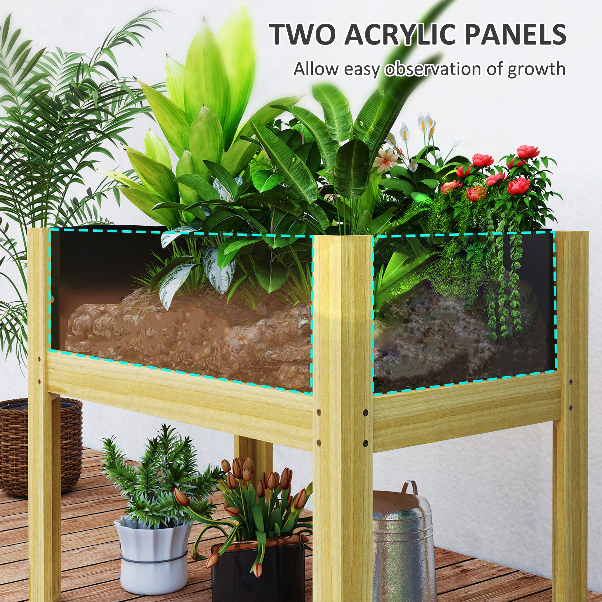 Wooden Raised Garden Bed with Acrylic Panels, Raised Planter Box with Drainage Holes, 29.5