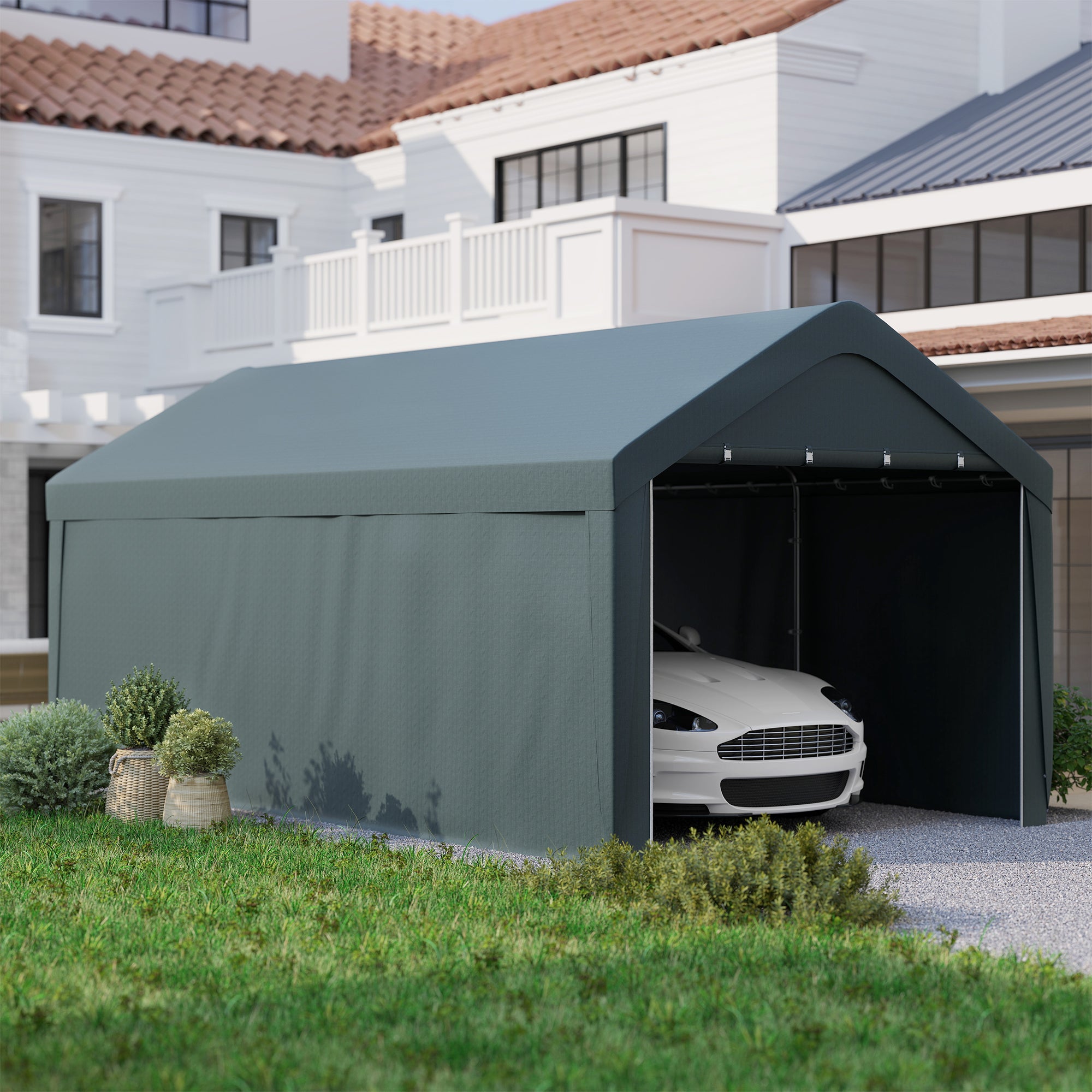 Carport, 10 x 20 ft Portable Garage with 2 Roll-Up Doors and Removable Sidewalls for Car, Truck, Boat, Dark Grey Car Shelters at Gallery Canada