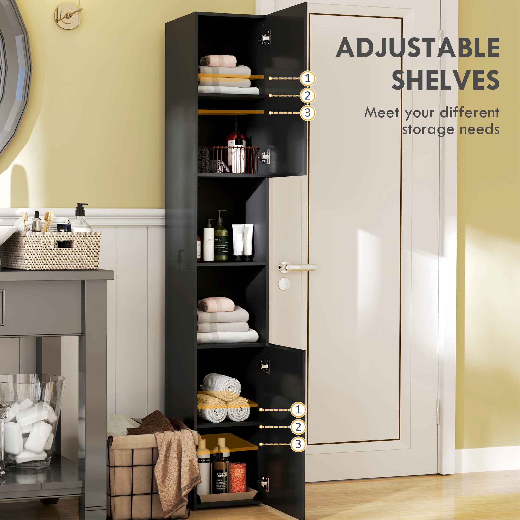 Tall Bathroom Cabinet, High Gloss Storage Cabinet with Doors and Adjustable Shelves, 11.8