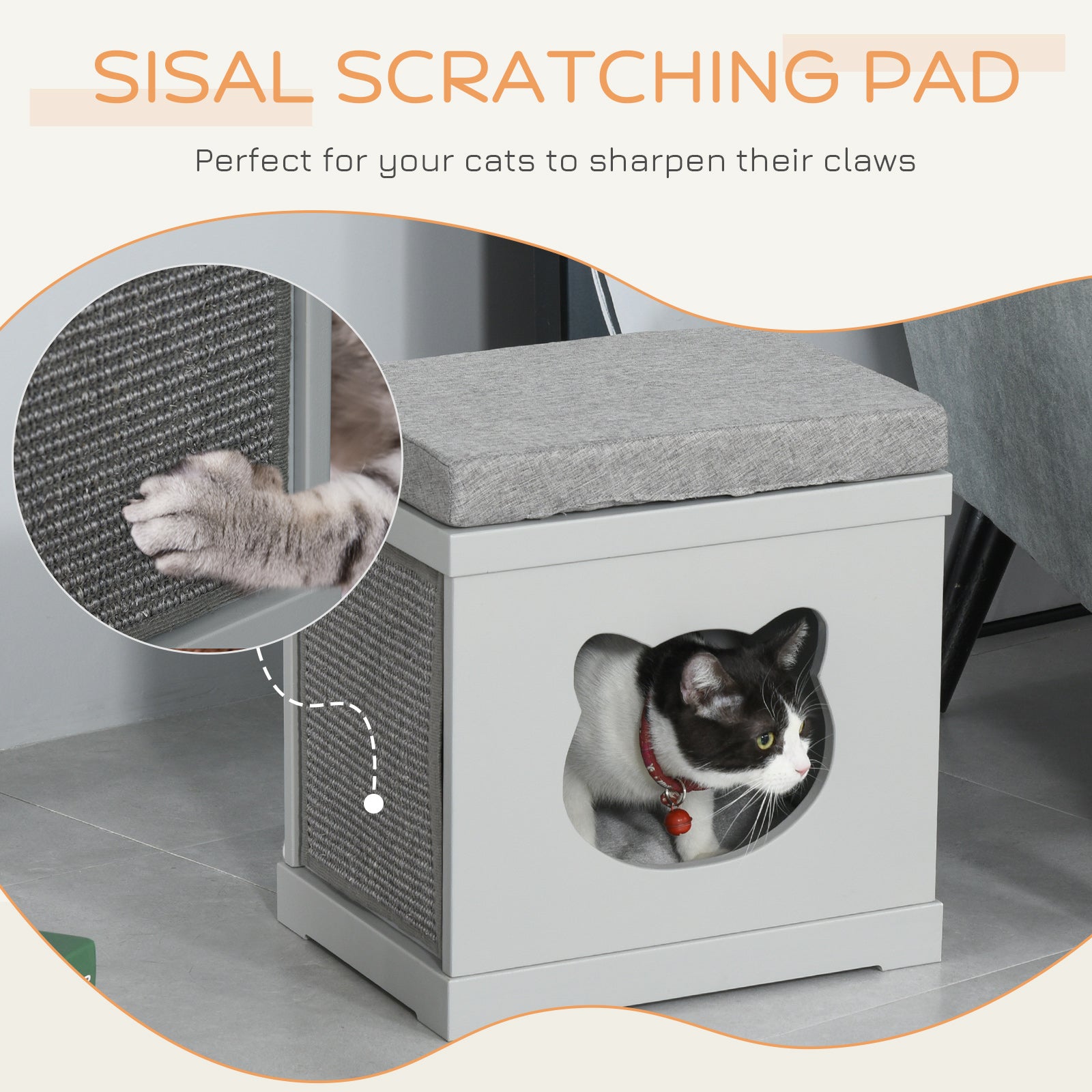 Indoor Cat Bed with 2 Exterior Scratching Boards, Cat Cube House with Removeable Cushions, 16" L x 12" W x 14" H, Grey Cat Houses   at Gallery Canada