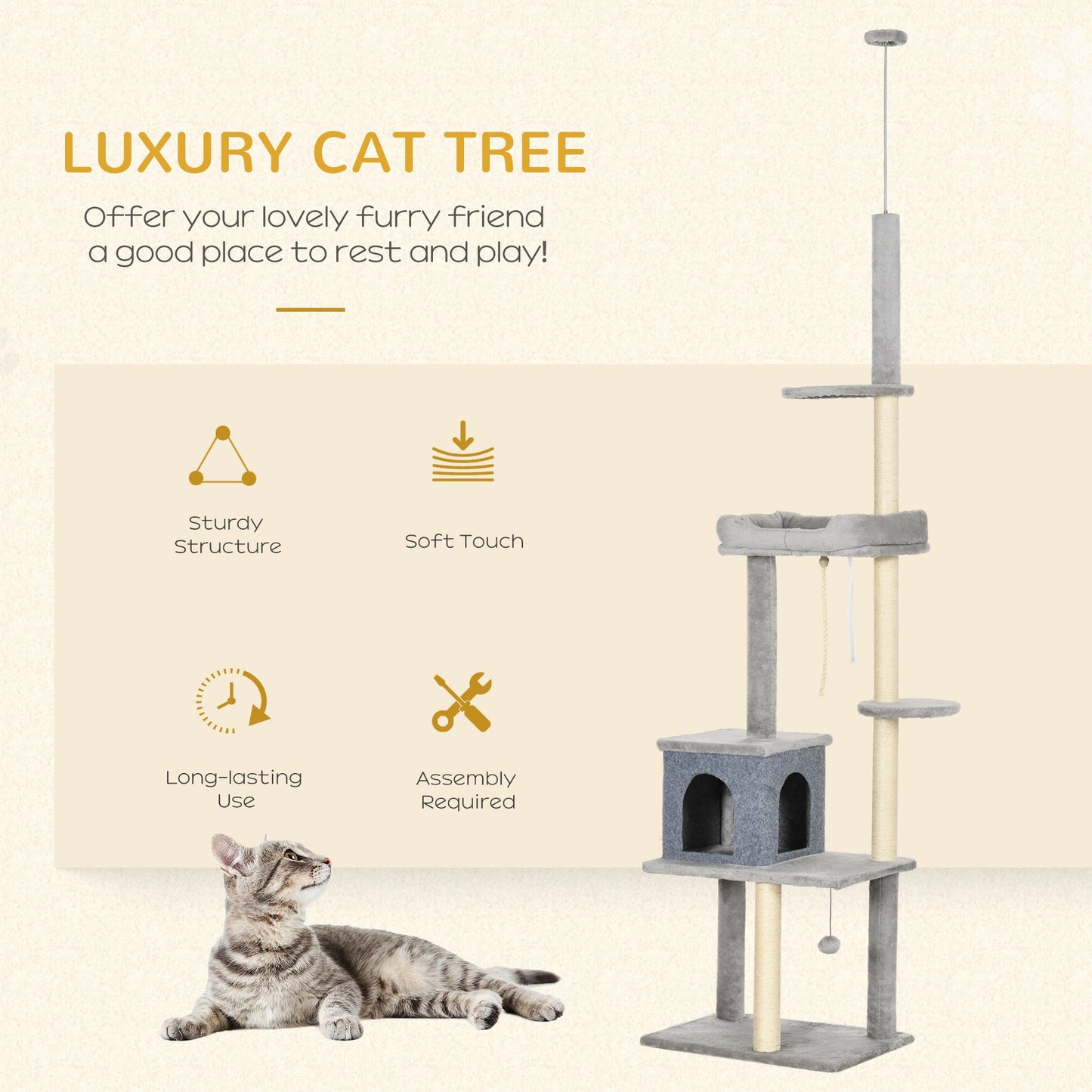 Adjustable Floor-to-Ceiling Cat Tree Tower with Condo and Bed, Grey Floor to Ceiling Cat Trees   at Gallery Canada