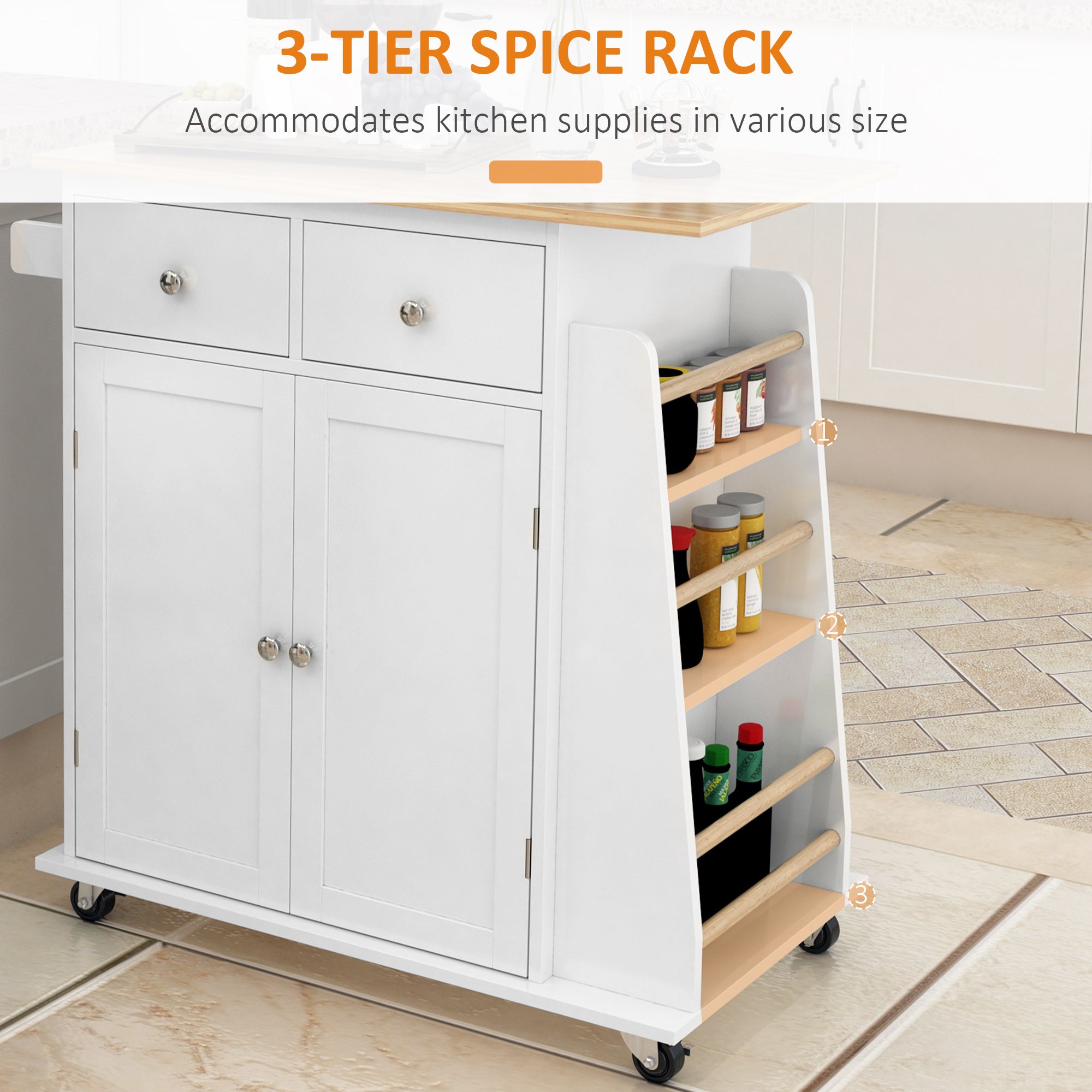 Rolling Kitchen Island Trolley Storage Cart with Rubber Wood Top, 3-Tier Spice Rack, Towel Rack Home Kitchen Carts, White Kitchen Islands & Kitchen Carts   at Gallery Canada