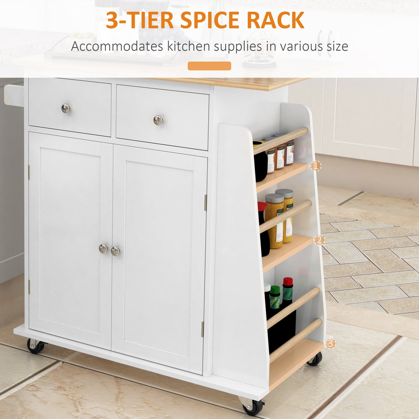 Rolling Kitchen Island Trolley Storage Cart with Rubber Wood Top, 3-Tier Spice Rack, Towel Rack Home Kitchen Carts, White - Gallery Canada