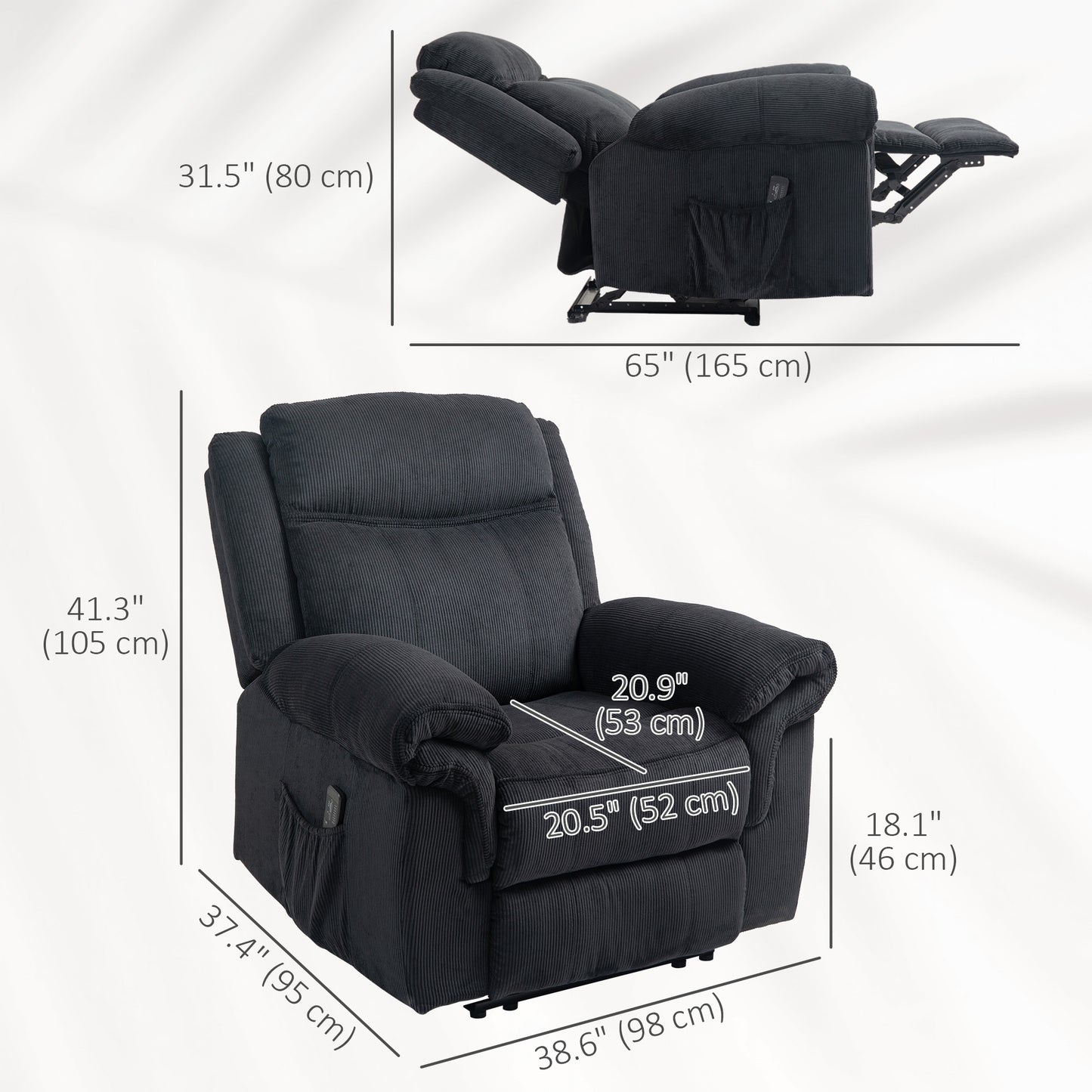 Manual Recliner Chair with Vibration Massage, Side Pockets, Corduroy Reclining Chair for Living Room, Black Sofas & Reclining Chairs at Gallery Canada