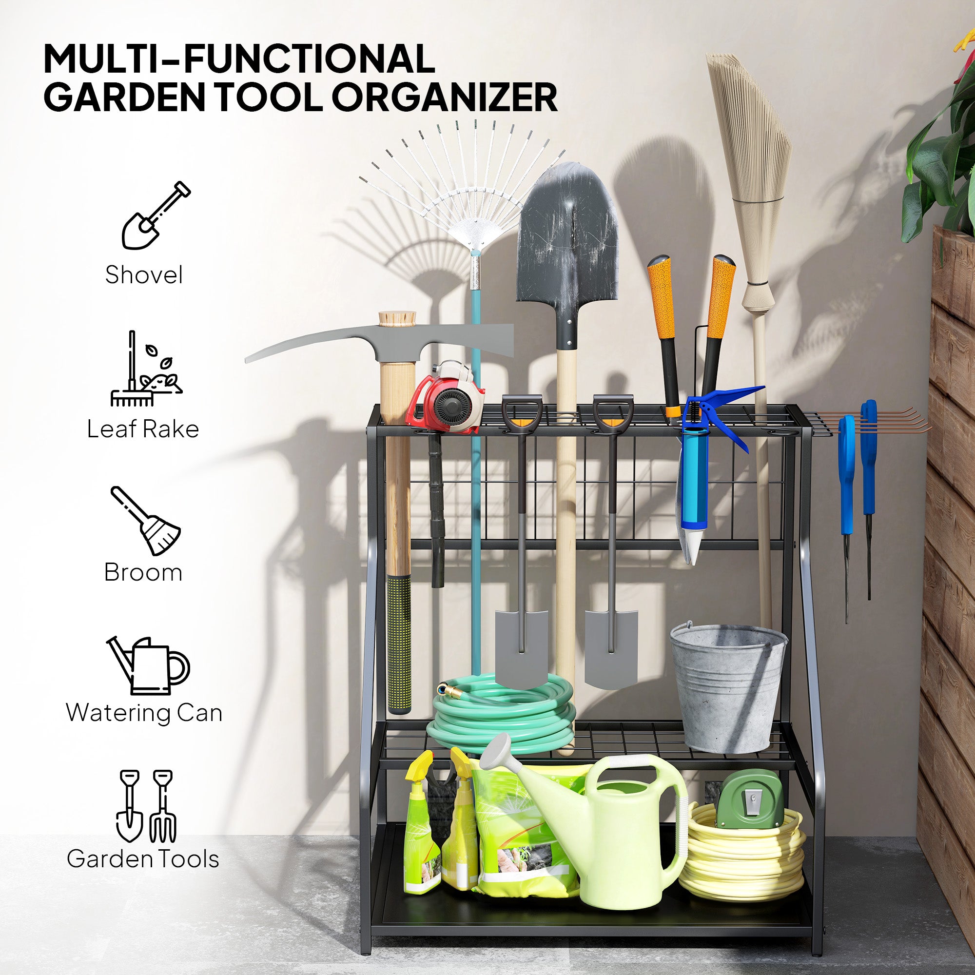 3-Tier Yard Tool Tower Rack, Garden Tool Organizer with Hooks for Long-Handled Rakes, Shovel, Broom, Orange Garden Accessories at Gallery Canada