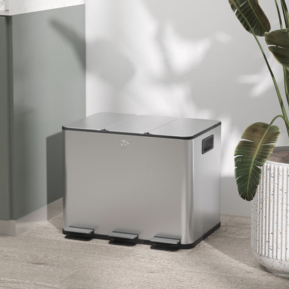 Triple Garbage Bin, Soft-Close Trash Can with Foot Pedal, 3 x 20 Liter Garbage Can with Removable Inner Buckets, Silver Household Supplies Silver at Gallery Canada