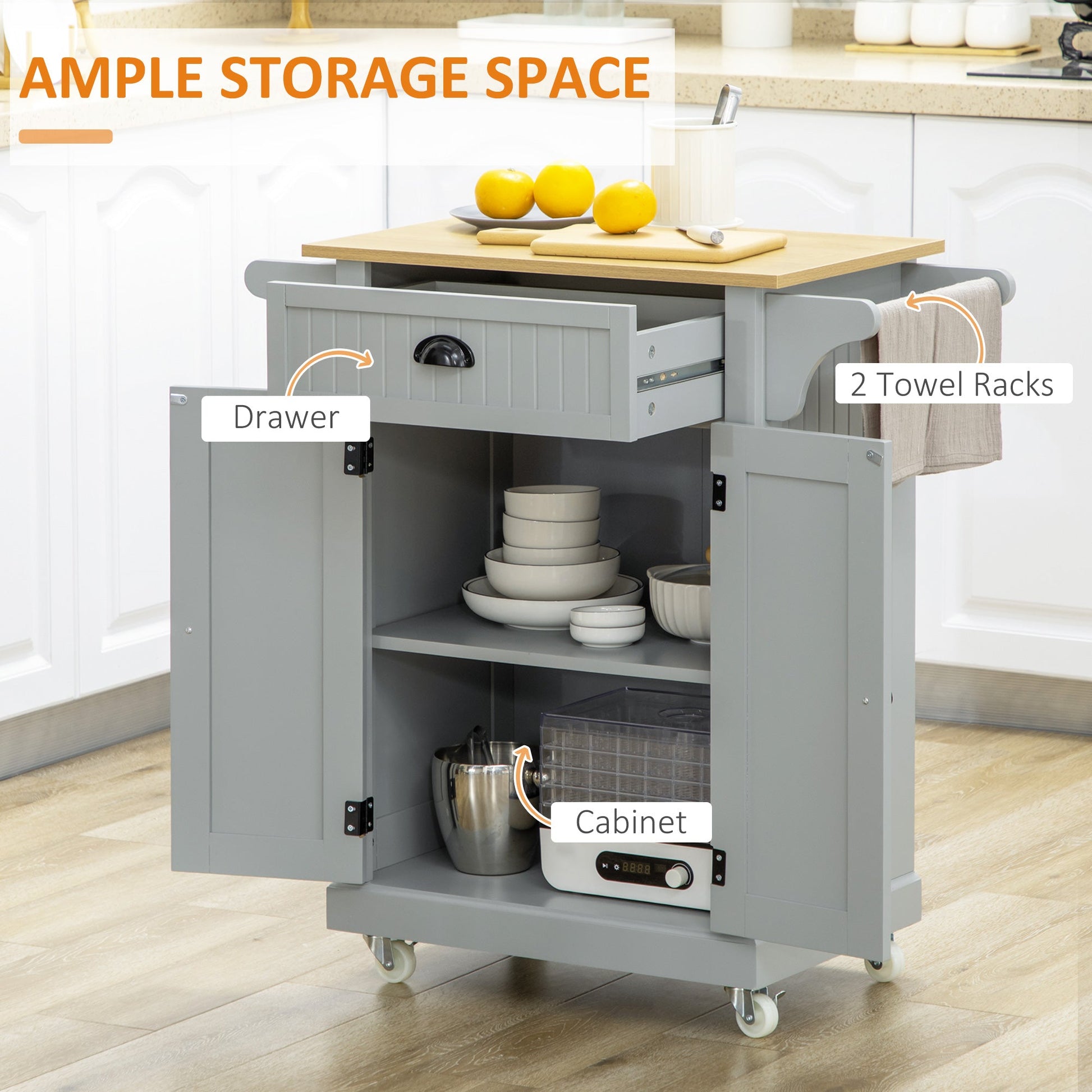 Rolling Kitchen Cart on Wheels, Utility Bar Cart with Drawer, 2 Towel Racks and Adjustable Shelf, Gray Kitchen Islands & Kitchen Carts   at Gallery Canada