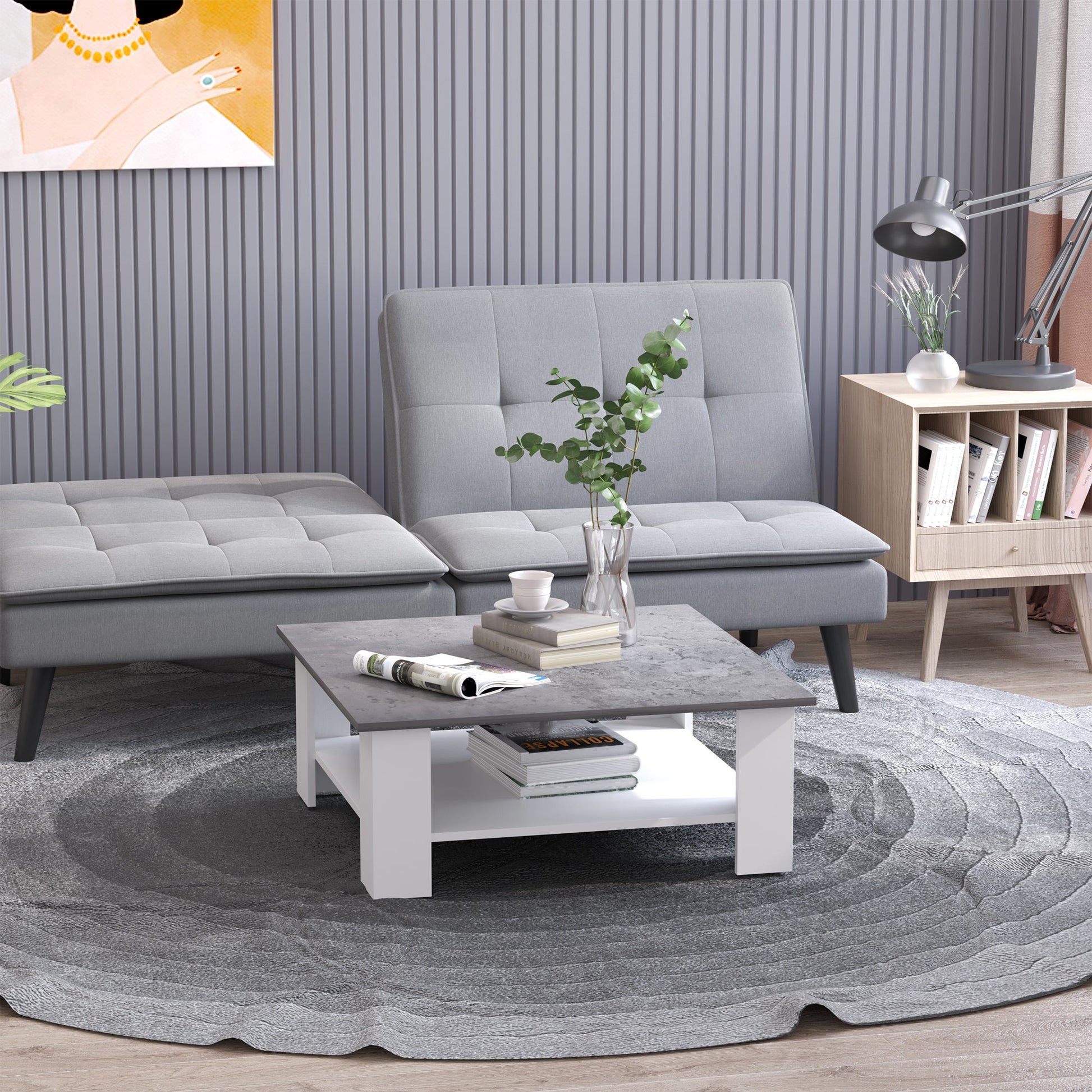 Square Coffee Table with Storage Shelf and Cement-like Tabletop for Living Room, White Coffee Tables   at Gallery Canada