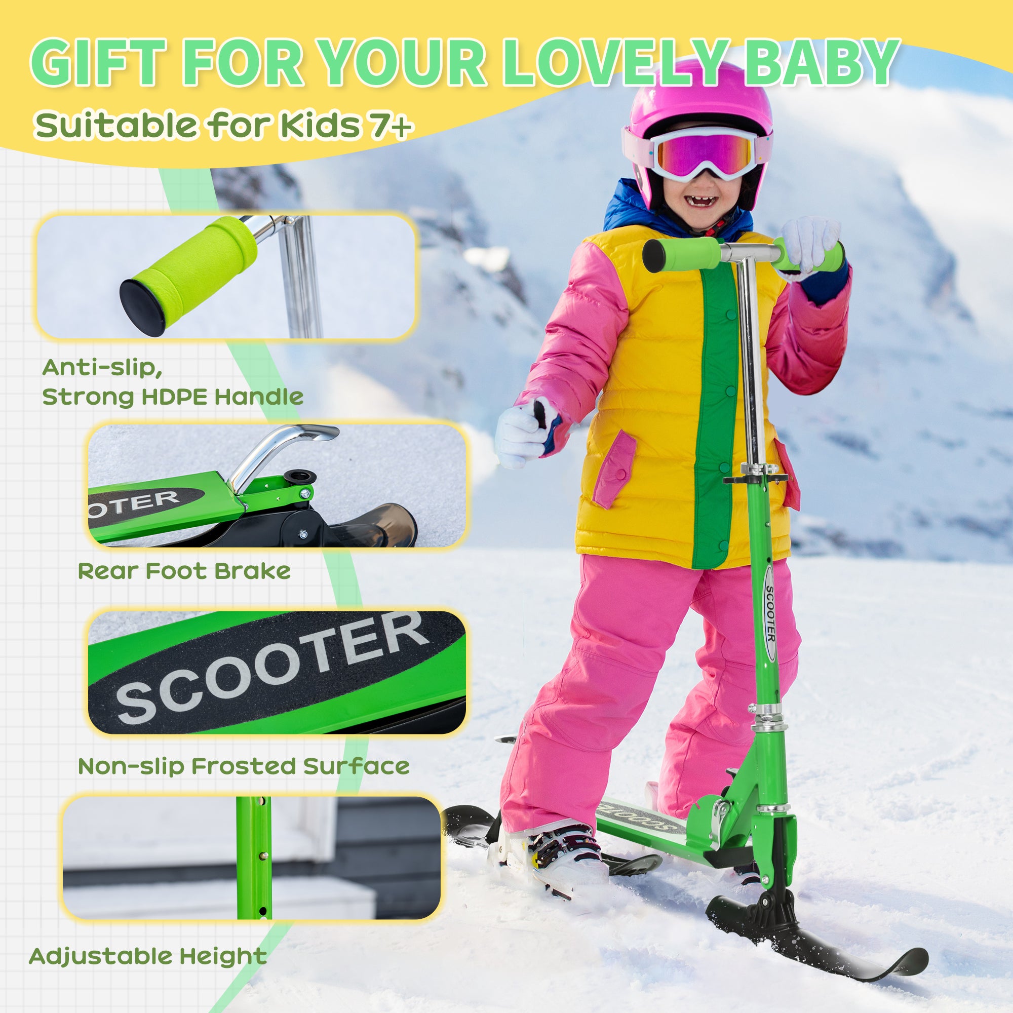 Snow Scooter, 2 in 1 Design Adjustable Height Scooter Snow Sled for Kids Aged Over 7 Years Old, Kids Sled Ski Scooter with Wheels Blades, Green Snow Scooters at Gallery Canada