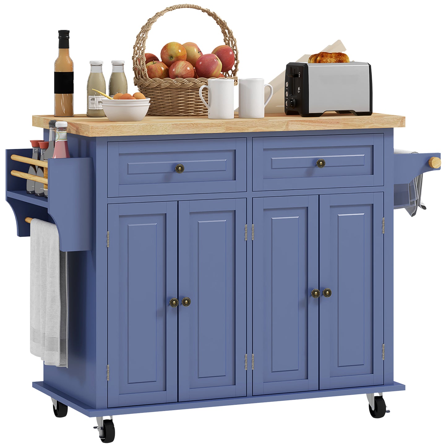 Kitchen Island with Storage, Rolling Trolley Cart with Rubber Wood Top, Spice Rack, Towel Rack, Navy Blue Kitchen Islands & Kitchen Carts   at Gallery Canada