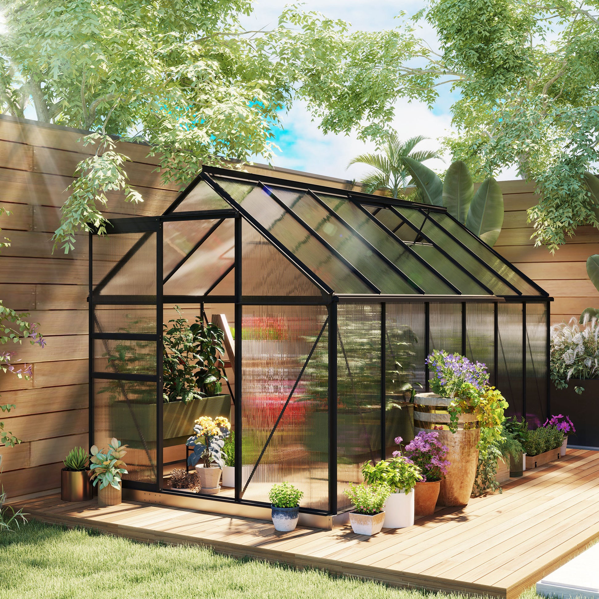 6' x 12' x 6.5' Polycarbonate Greenhouse, Walk-in Green House with Adjustable Roof Vent Galvanized Base Sliding Door Rain Gutter for Outdoor Garden Backyard, Charcoal Grey Walk In Greenhouses Multi Colour at Gallery Canada