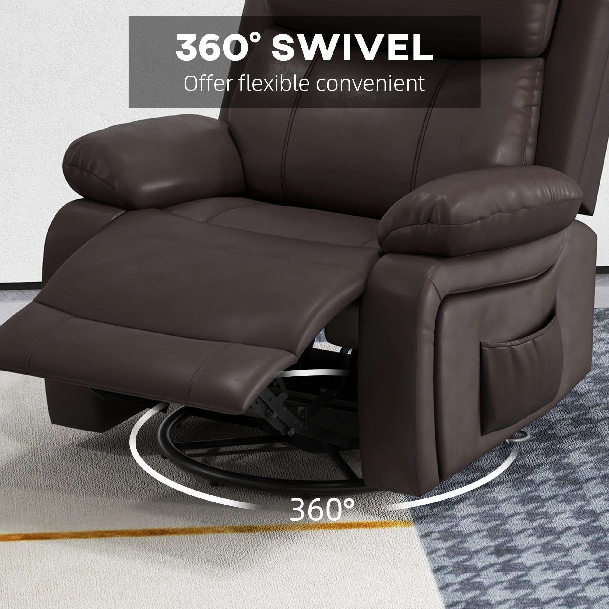 PU Leather Reclining Chair with Vibration Massage Recliner, Swivel Base, Rocking Function, Remote Control, Brown Single Sofas   at Gallery Canada