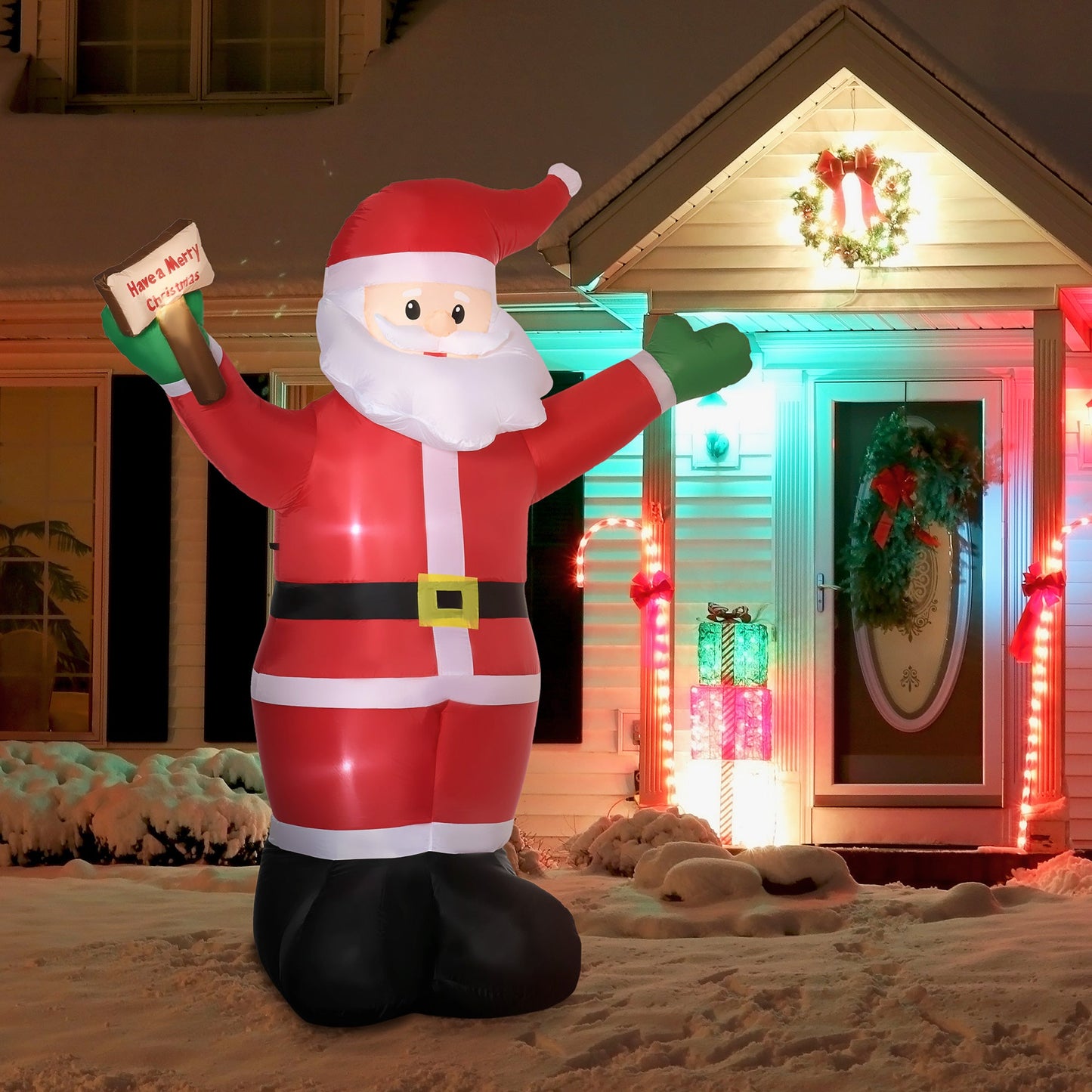 8ft Inflatable Christmas Santa Claus Holds Light Sign of Blessings, Blow-Up Outdoor LED Yard Display for Lawn Garden Party Christmas Inflatables   at Gallery Canada