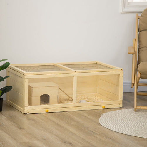 Natural Wooden Small Animal Cage with Sliding Tray and Openable Top, Natural