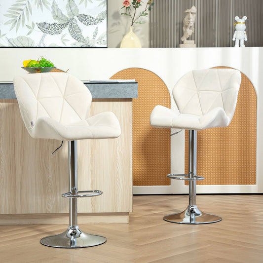 Bar Stool Set of 2 Fabric Adjustable Height Armless Upholstered Counter Chairs with Swivel Seat, Cream White Bar Stools   at Gallery Canada