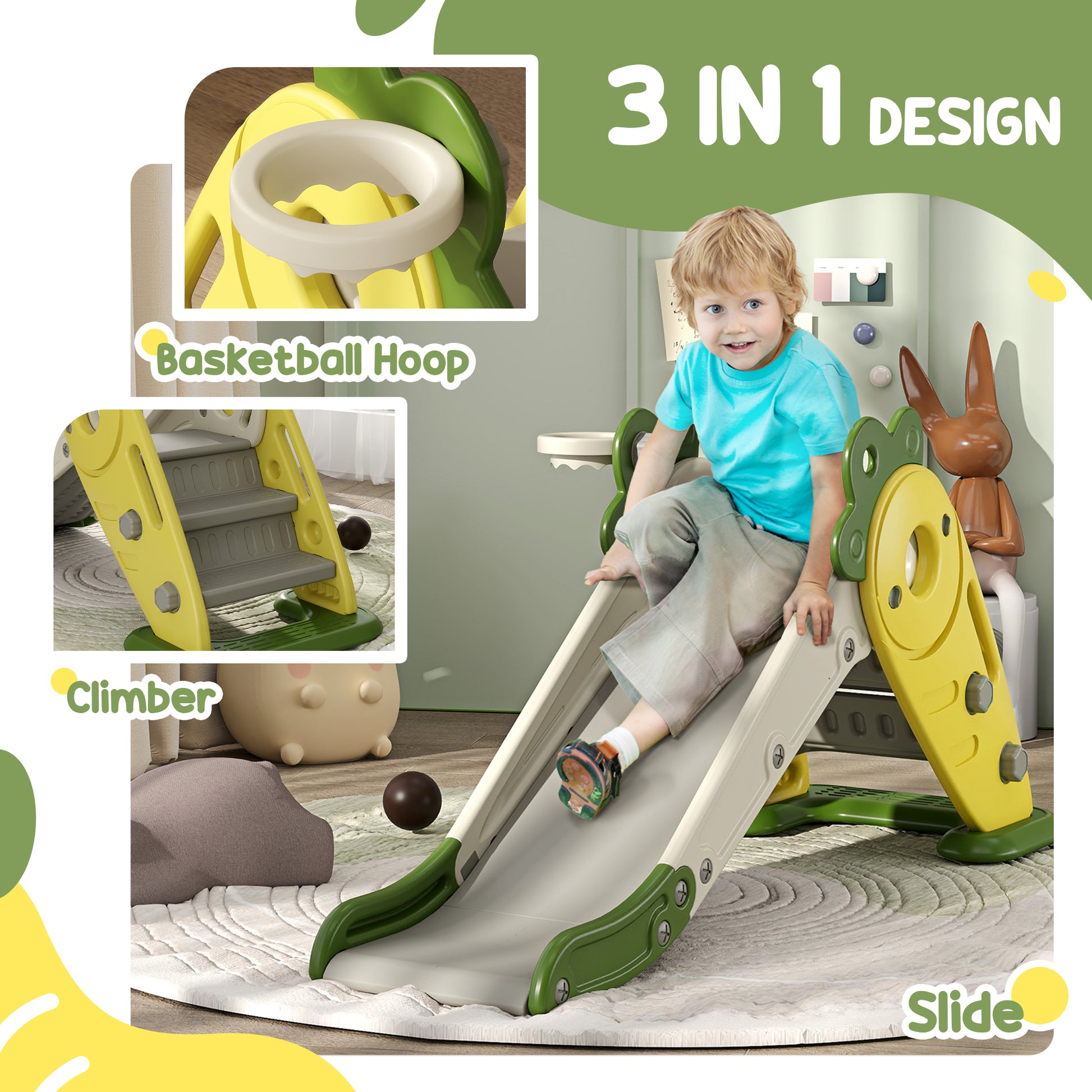 3 in 1 Foldable Toddler Slide with Basketball Hoop, Climber, for 1-3 Years Old, Yellow Gym Sets & Swings   at Gallery Canada