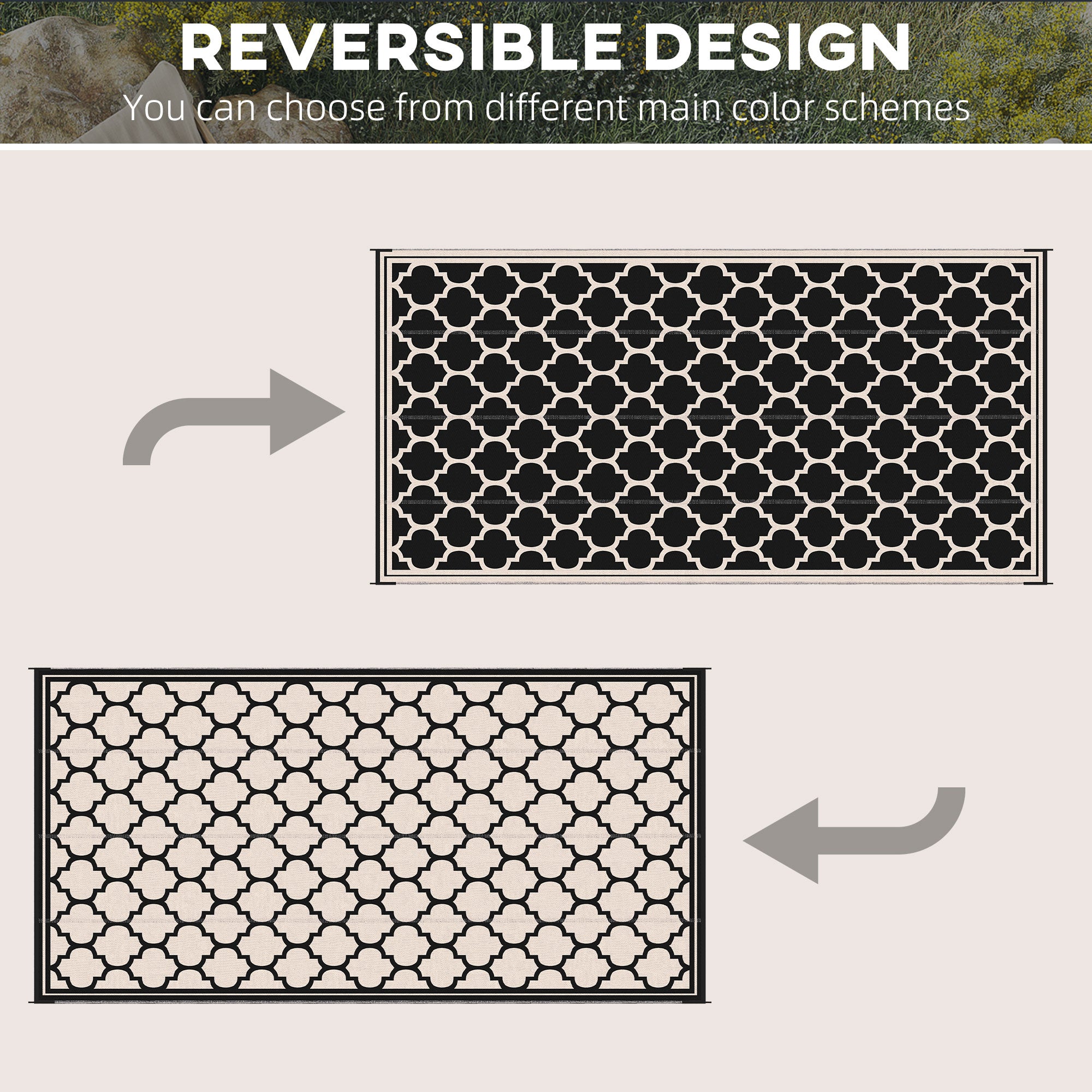Reversible Outdoor RV Rug, 9' x 18' Patio Floor Mat, Plastic Straw Rug for Backyard, Deck, Picnic, Beach, Camping, Black and Beige Outdoor Reversible Rugs at Gallery Canada
