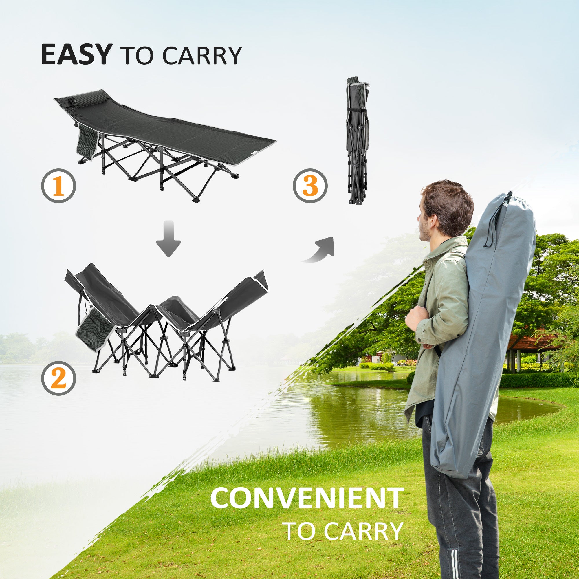 Folding Camping Cot with Mattress &; Pillow, Double Layer Oxford Heavy Duty Sleeping Cot with Carry Bag Grey and Blue Camping Cots at Gallery Canada