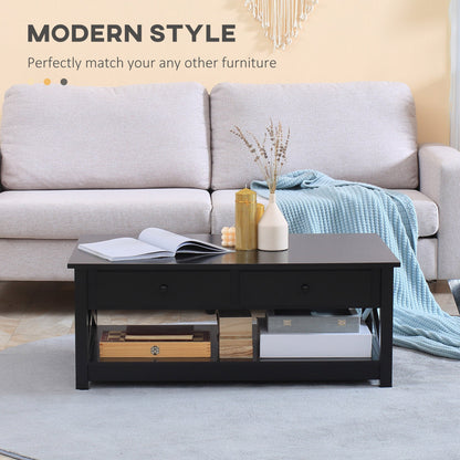 Coffee Table with Storage, Farmhouse Living Room Table with Drawers and Open Shelf, Centre Table with X-frames, Black Coffee Tables   at Gallery Canada