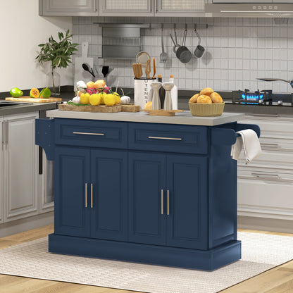 Rolling Kitchen Island with Storage and Stainless Steel Top, Kitchen Trolley with Drawers, Cabinets, Towel Rack, Blue Kitchen Islands & Kitchen Carts Navy Blue at Gallery Canada