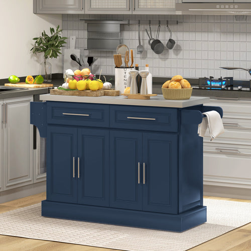 Rolling Kitchen Island with Storage and Stainless Steel Top, Kitchen Trolley with Drawers, Cabinets, Towel Rack, Blue