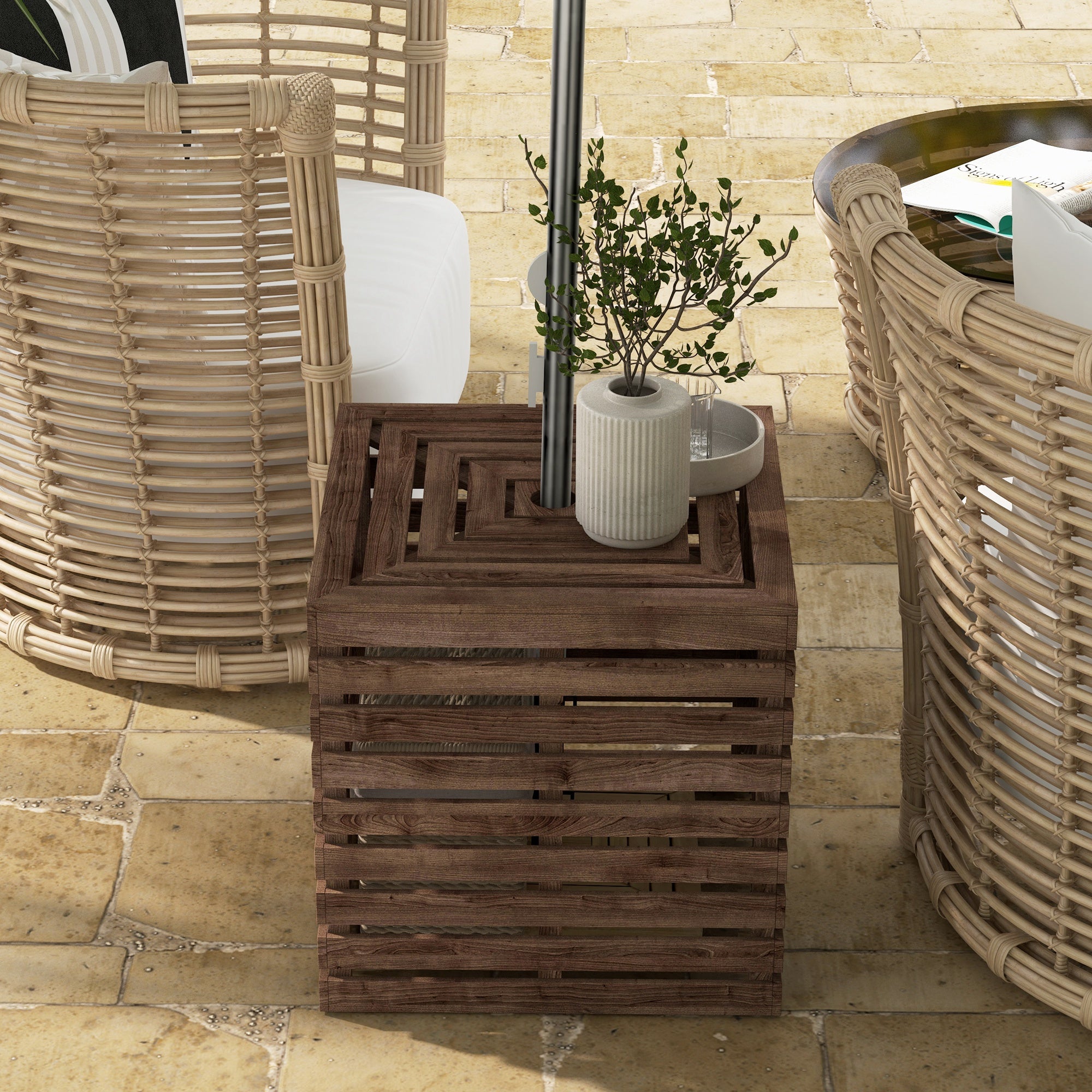 2-in-1 Outdoor Umbrella Base Storage Box Wooden Patio Side Table, Brown Patio Storage Boxes at Gallery Canada