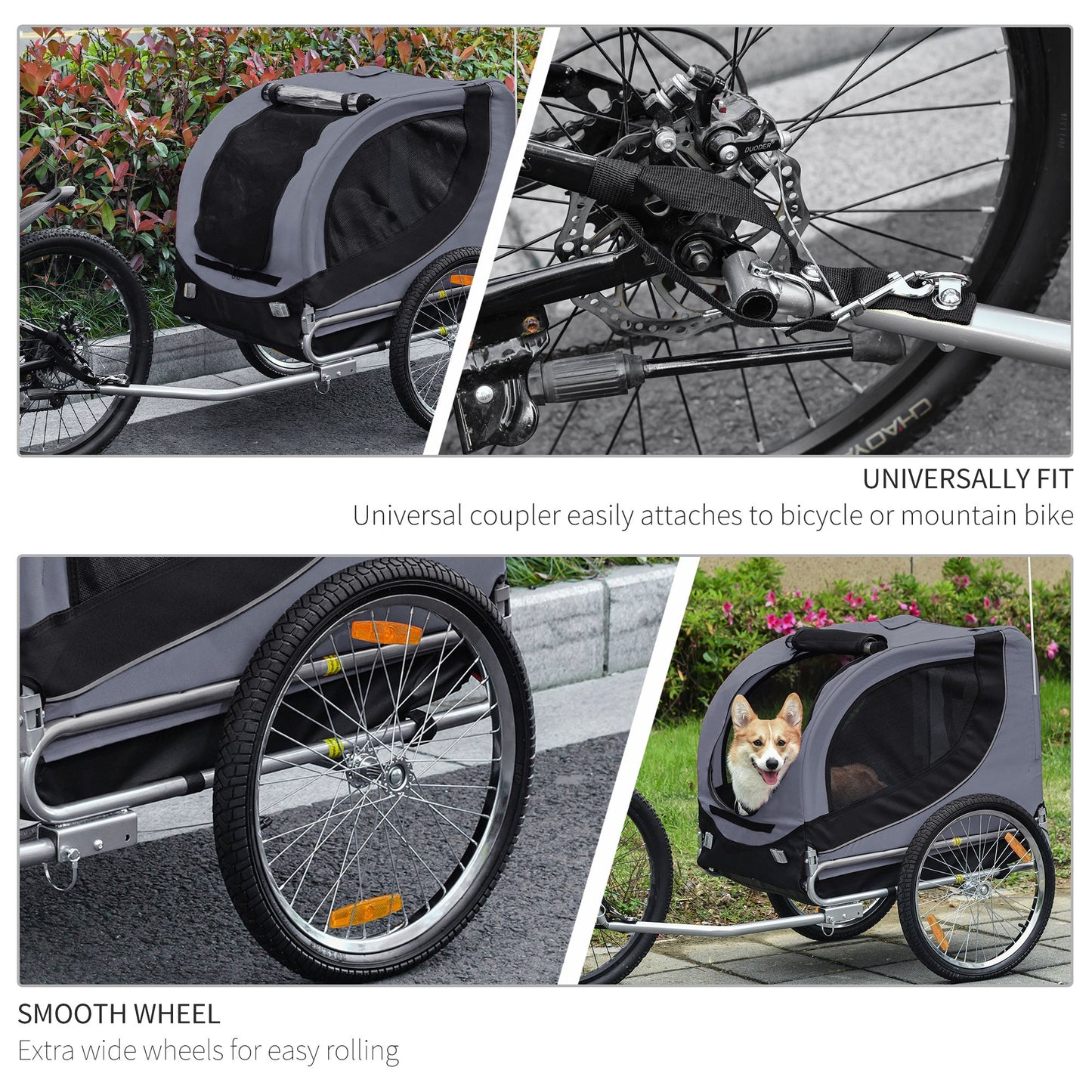 Dog Bike Trailer, Pet Cart, Bicycle Wagon, Travel Cargo, Carrier Attachment with Hitch, Foldable for Travelling, Grey Dog Bike Trailers & Strollers   at Gallery Canada