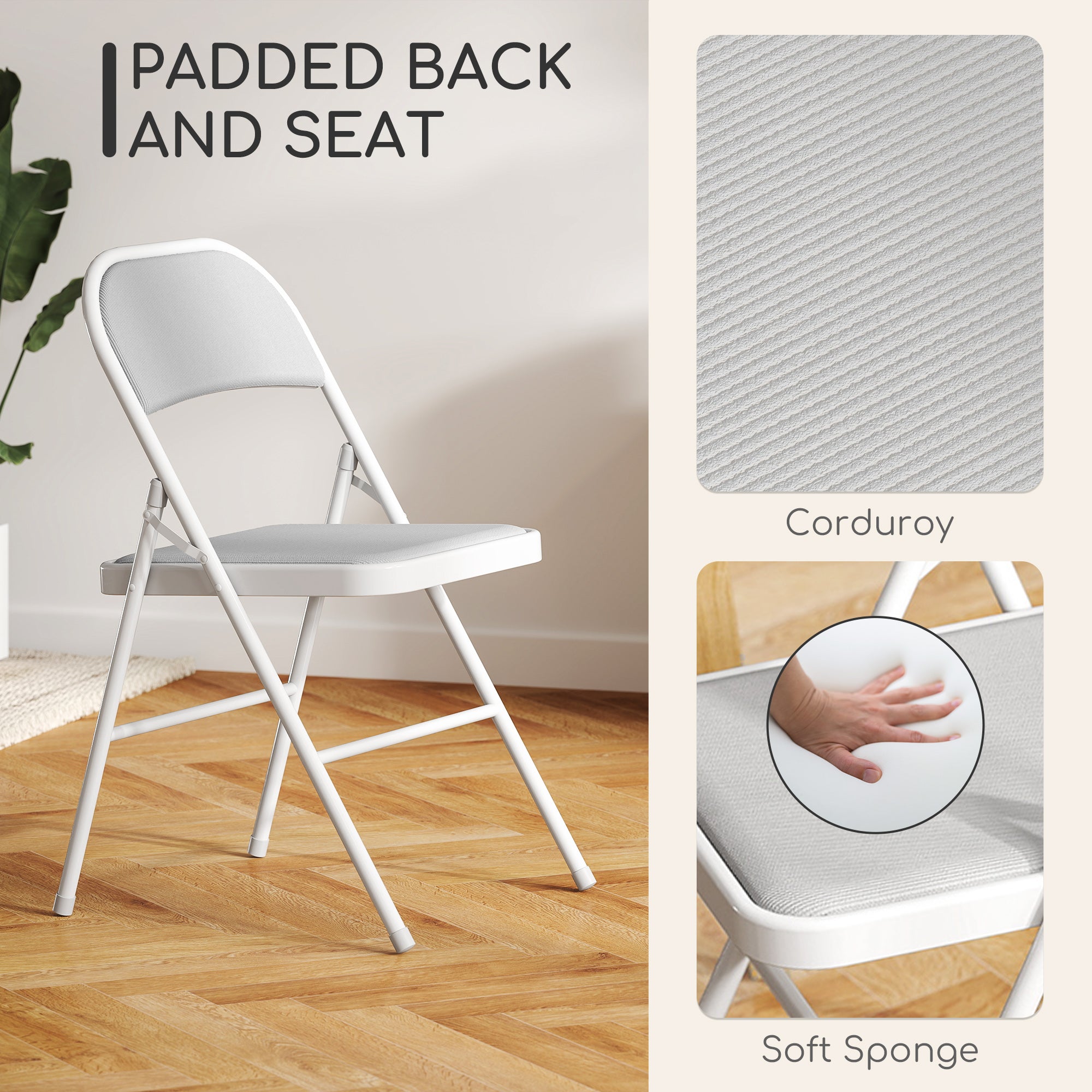 Set of 4 Metal Foldable Chairs, Corduroy Padded Folding Chairs with Cushion Seat and Open Back for Indoor, White Dining Chairs at Gallery Canada