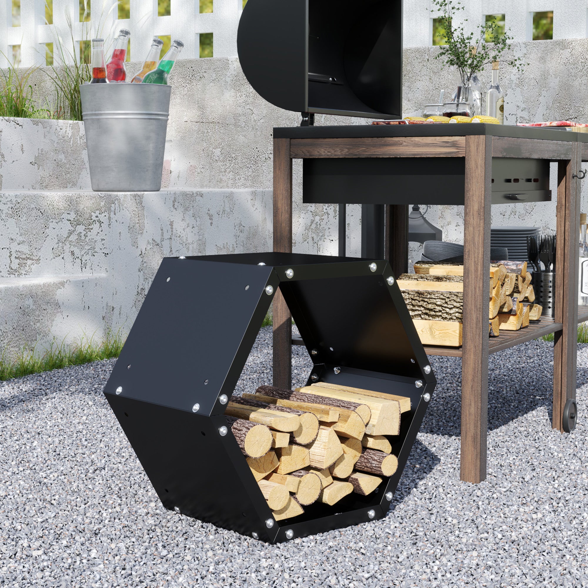 Hexagon Firewood Log Rack Heavy-Duty Steel Log Holder for Outdoor Indoor Use, 25.6