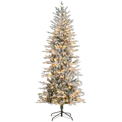 7' Pre Lit Artificial Flocked Christmas Trees, with Snow Branches, Warm Yellow Clear Lights, Auto Open, Extra Bulb