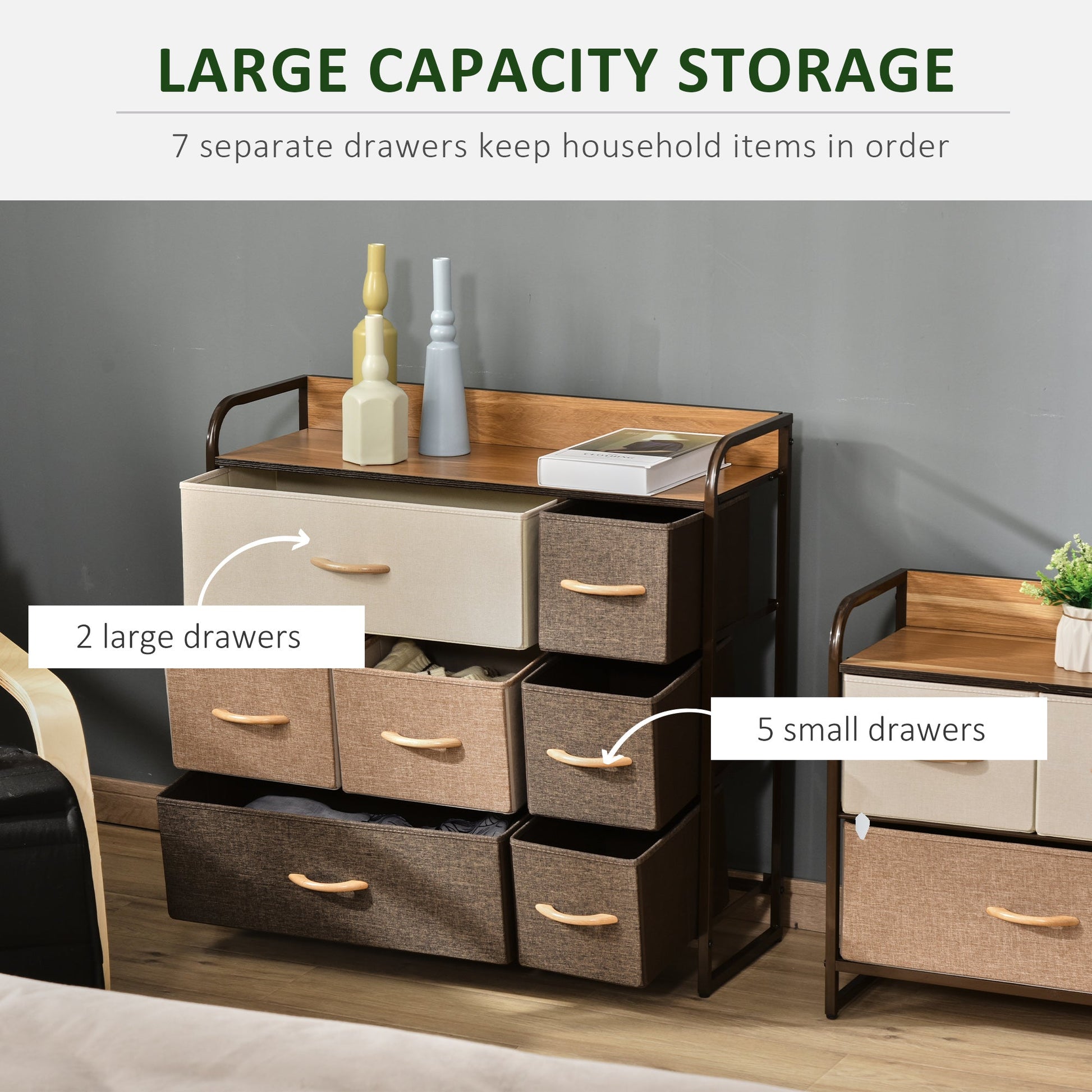 7-Bin Dresser, Fabric Chest of Bins, 3-Tier Storage Organizer for Living Room Entryway, Tower Unit with Steel Frame Wooden Top Storage Cabinets   at Gallery Canada