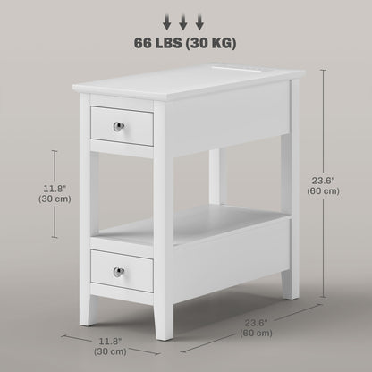 Narrow Side Table with Charging Station, USB Ports, Modern End Table with Storage Shelf, Drawers for Living Room, White Side Tables   at Gallery Canada