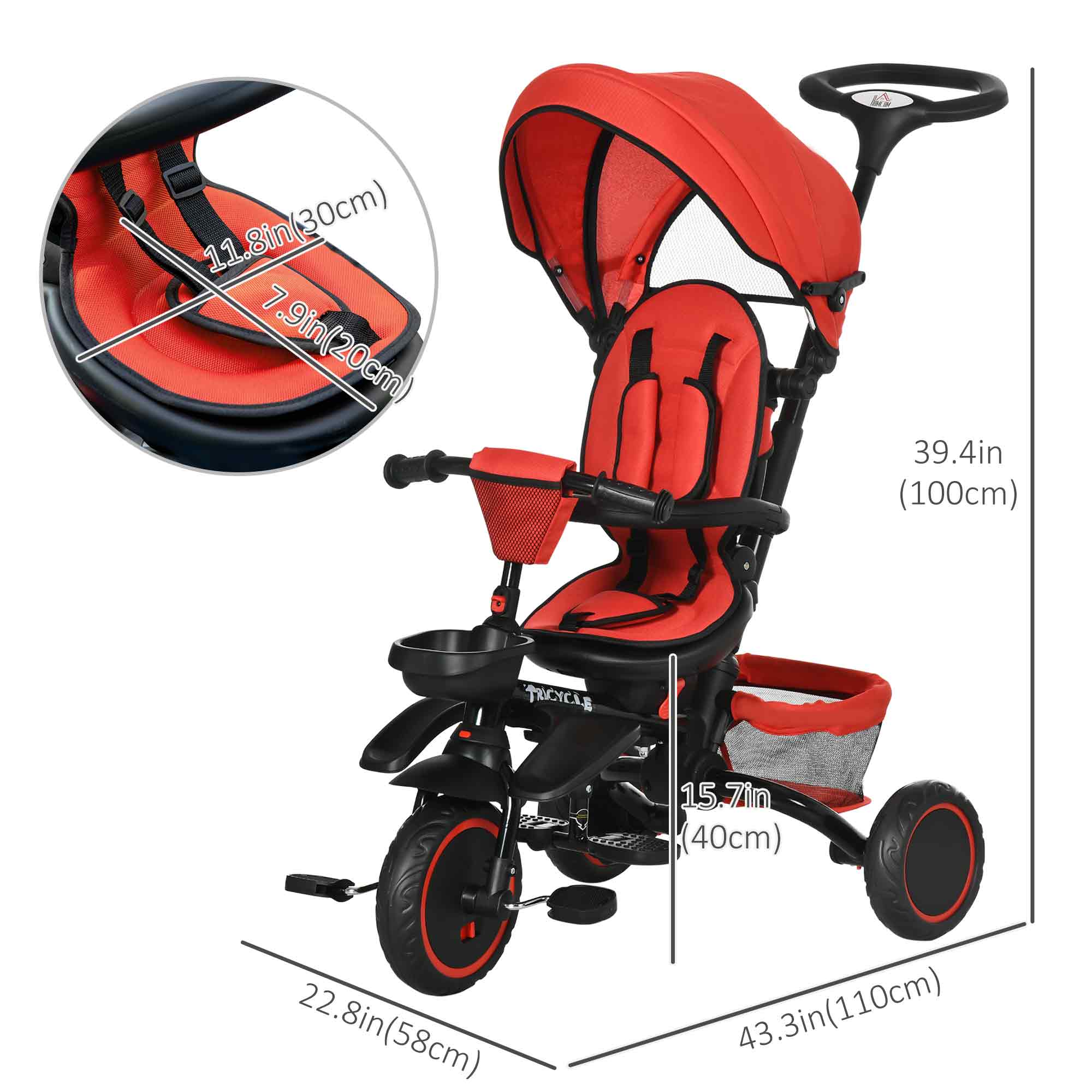 6-in-1 Toddler Tricycle for 12-50 Months, Foldable Kids Trike with Adjustable Seat and Push Handle, Safety Harness, Removable Canopy, Footrest, Red Tricycles for Kids   at Gallery Canada