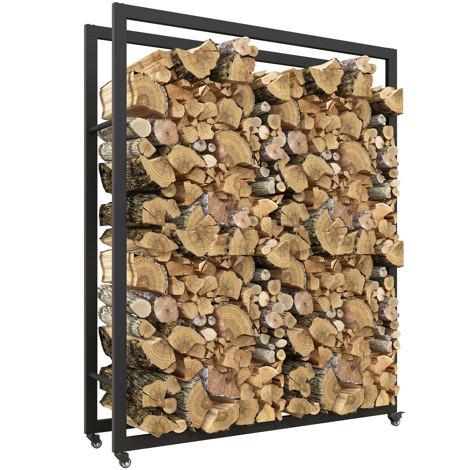 Outdoor Firewood Rack with Wheels Heavy Duty Steel Wood Log Storage Stacker for Fireplace, Black Firewood Racks at Gallery Canada
