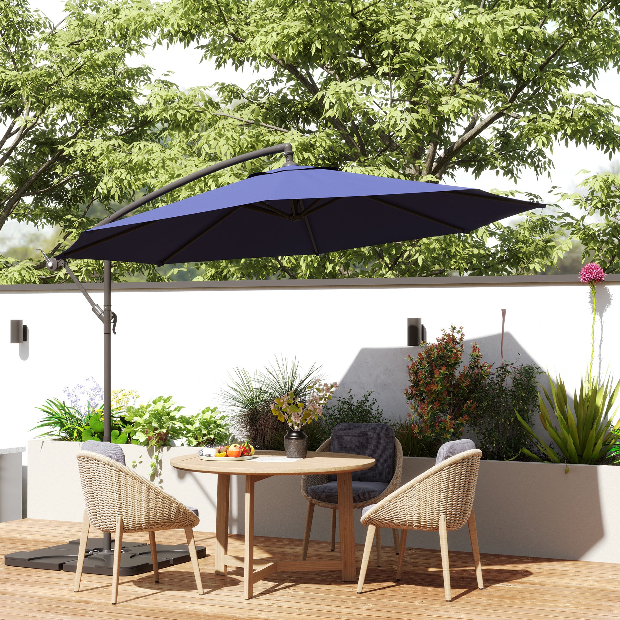 9.6ft Offset Patio Umbrella Garden Hanging Parasol Banana Cantilever Umbrella with Base, Crank, Navy Blue Offset Cantilever Umbrellas at Gallery Canada