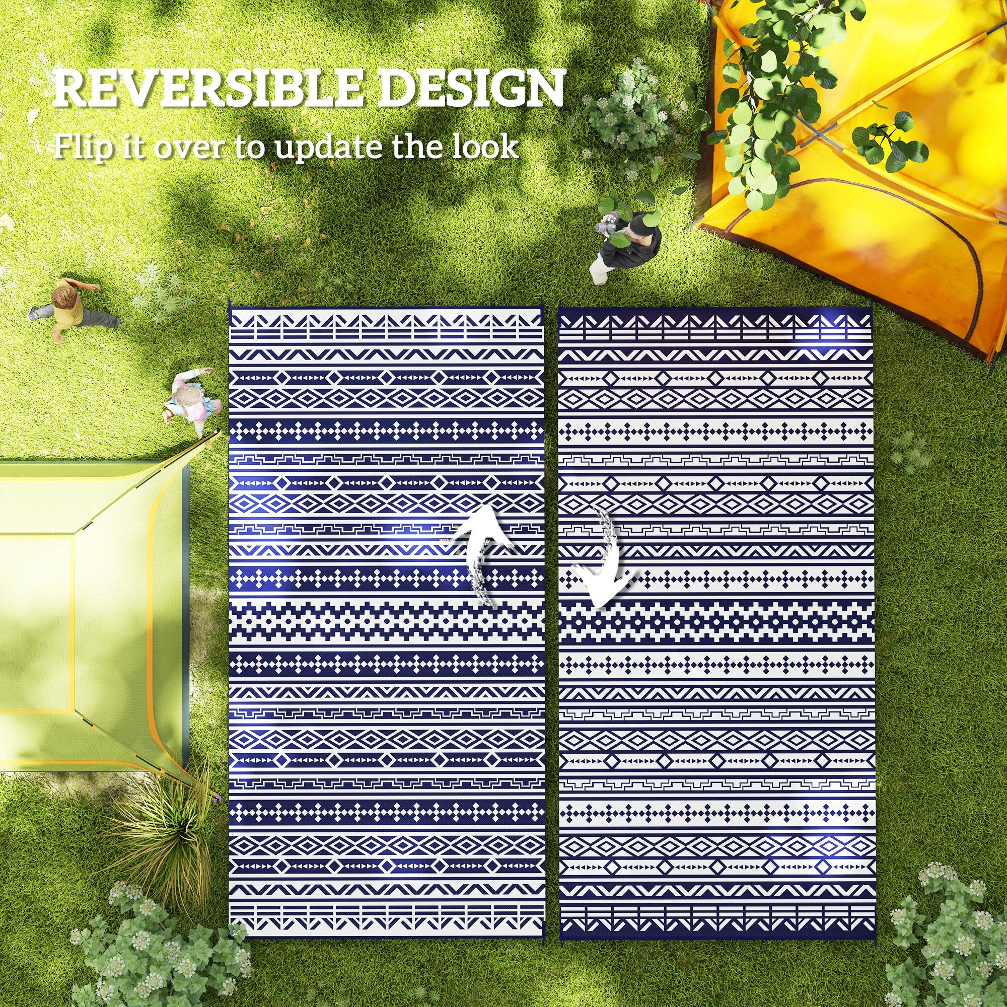 9' x 18' Outdoor RV Rug, Reversible Patio Floor Mat with Carry Bag, Geometric Wall, Blue and White Garden Decor at Gallery Canada