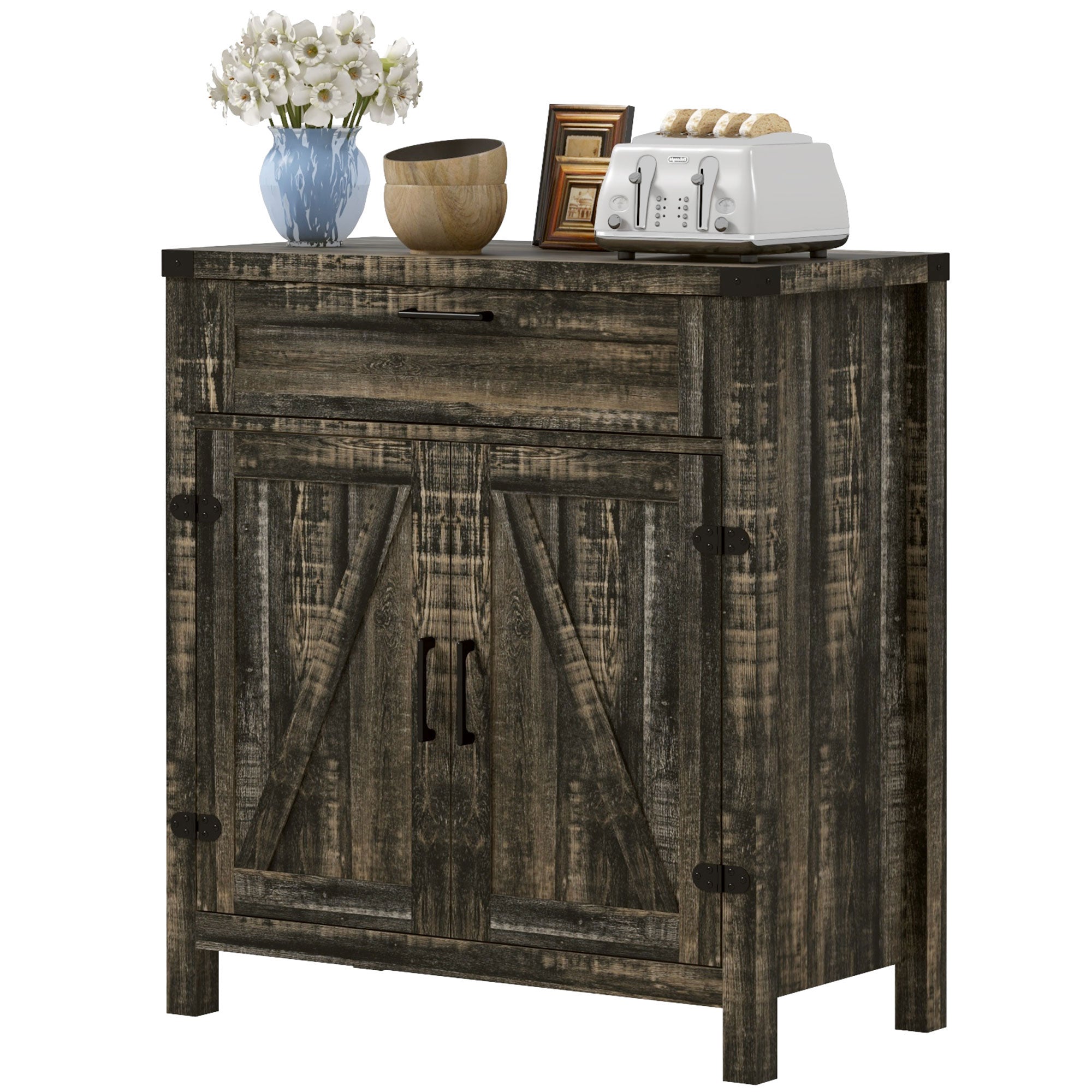 Farmhouse Kitchen Storage Cabinet, Sideboard Buffet Cabinet with 2 Rustic Barn Doors and Drawer, Dark Oak Bar Cabinets   at Gallery Canada