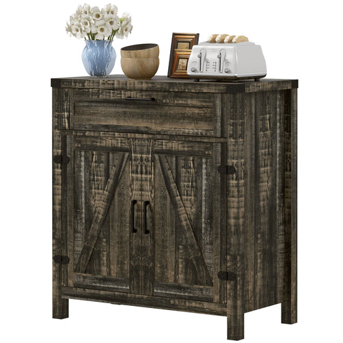 Farmhouse Kitchen Storage Cabinet, Sideboard Buffet Cabinet with 2 Rustic Barn Doors and Drawer, Dark Oak