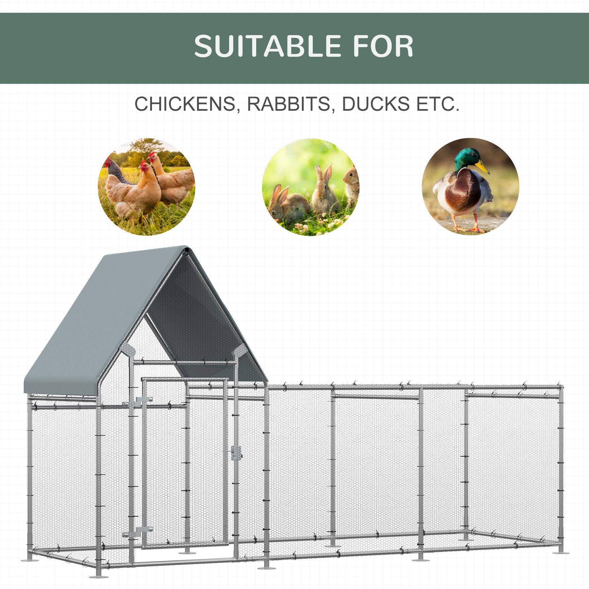 Large Galvanized Chicken Coop, Walk-In Poultry Cage with Cover, 119