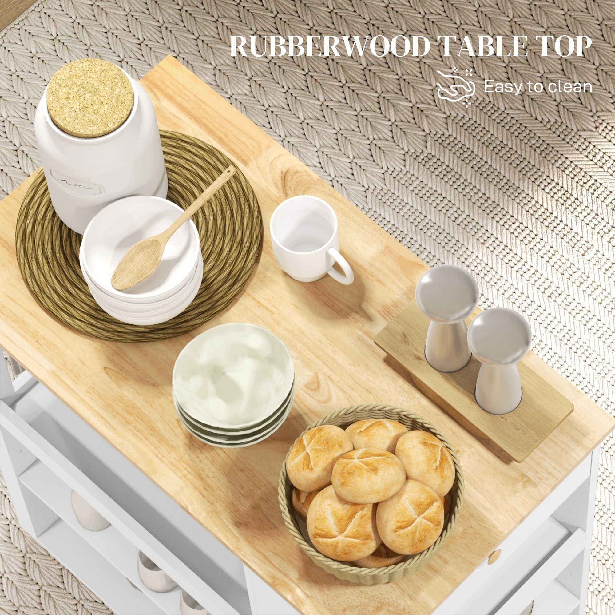 Kitchen Island Table Kitchen Cart with Rubberwood Top, Adjustable Shelves, Knife Rack, Towel Rack, Cabinet, White Kitchen Islands & Kitchen Carts at Gallery Canada
