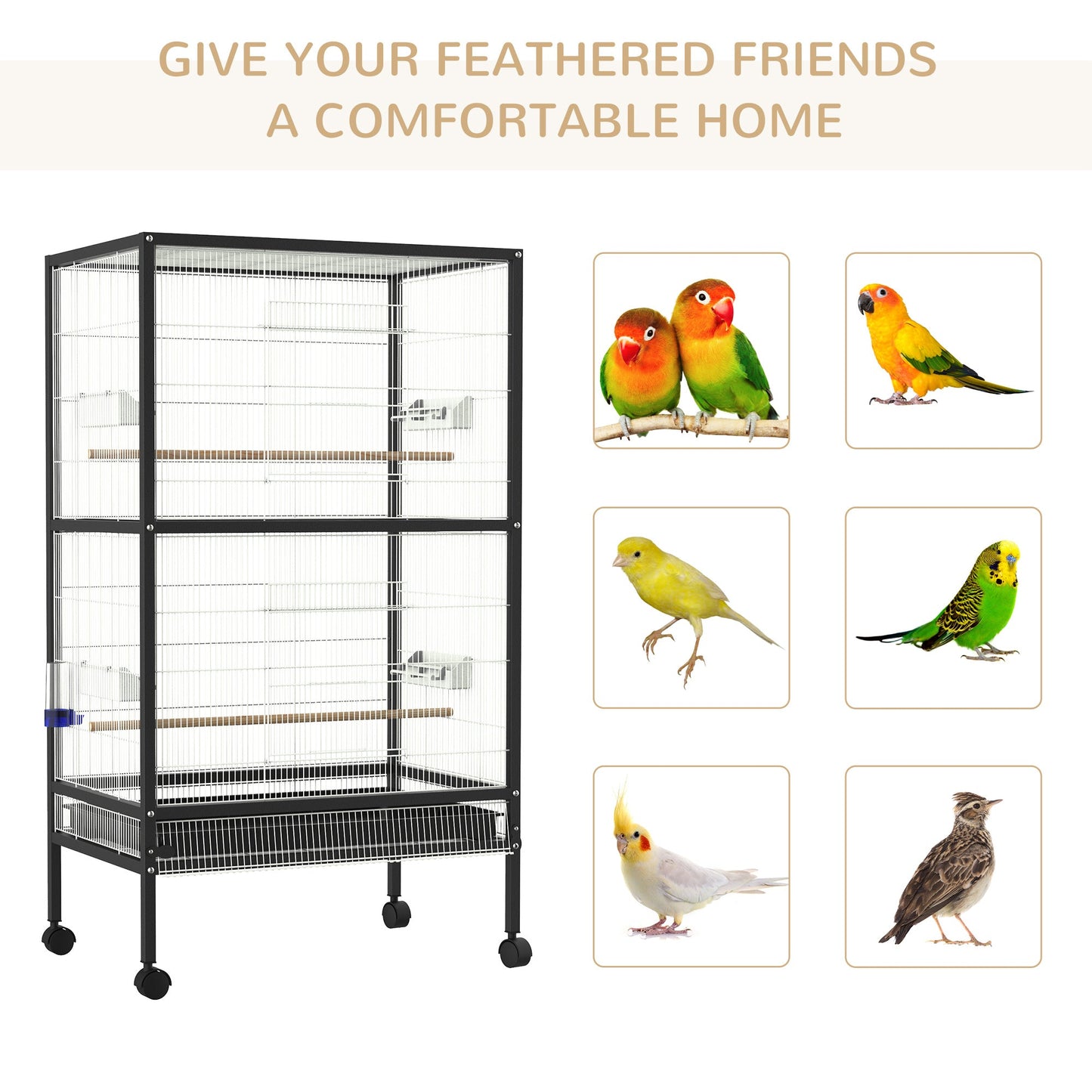 Bird Cage Conure Parrot Budgie Cage with Bird Perch &; Wheels, Black and White Bird Cages   at Gallery Canada