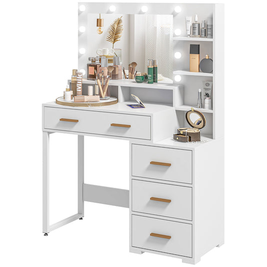 Illuminated Dresssing Table, LED Vanity Table with Mirror, Drawer and Storage Shelves for Bedroom, White - Gallery Canada